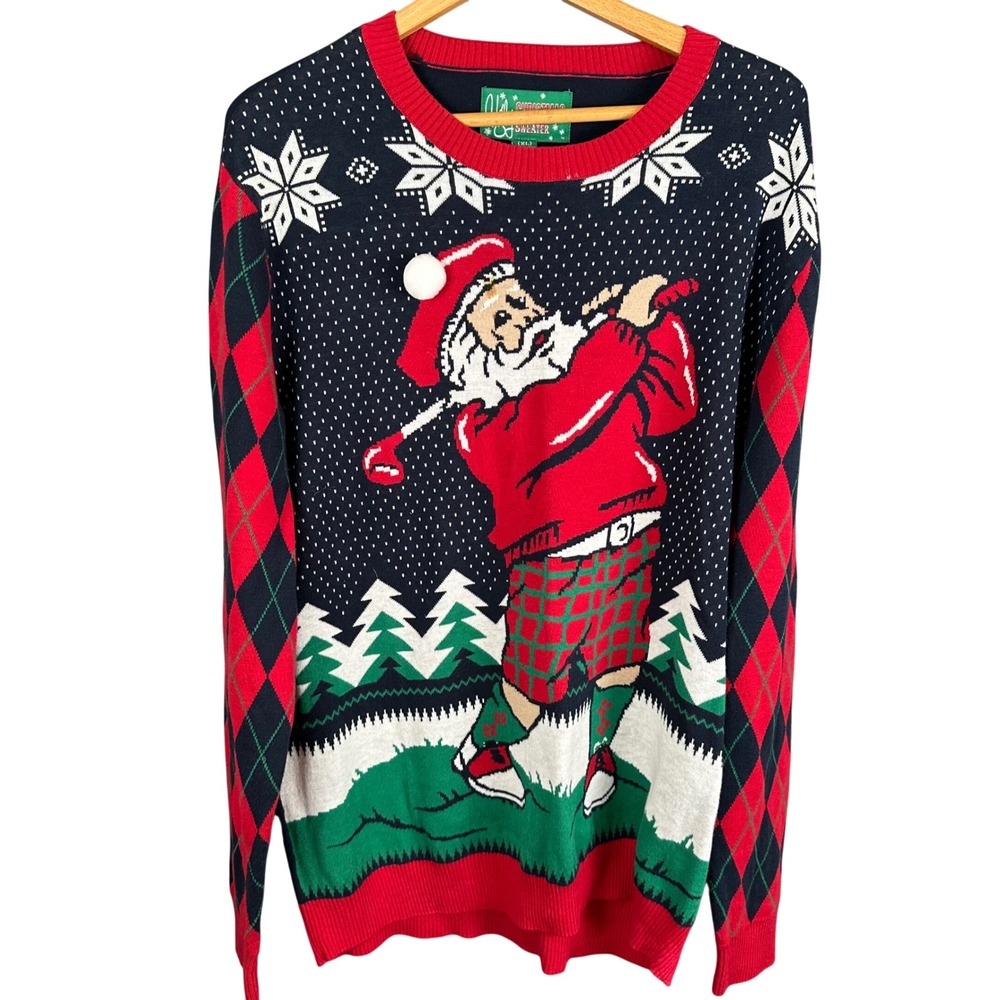 Ugly Christmas Sweater Mens XL Golfing Santa Argyle Sleeve Navy Blue Knit